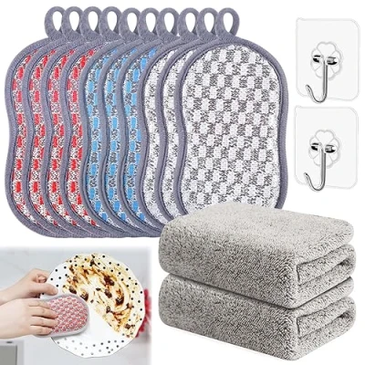 Image of 14PCS Reusable Sponge Set with 2 dish washing cloths and hooksDurable Scrub Scouring Sponge,Non Scratch Microfiber for Dishes,Pots,Pans