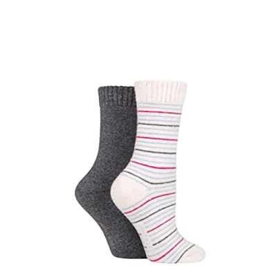Image of SockShop Ladies 2 Pair Wool Mix Striped and Plain Boot Socks Frost Pink 4 8