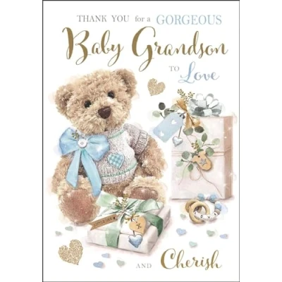 Image of New Baby Grandson Thank You Card Gorgeous to Love Teddy Bear Design Special Finishes and Illustrated Insert Leaf Made in the UK