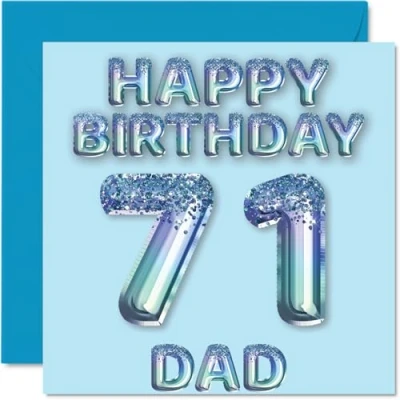 Image of 71st Birthday Card for Dad Blue Glitter Party Balloons Happy Cards 71 Year Old Father from Son Daughter, 145mm x Bday Greeting Gift