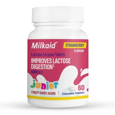 Image of Milkaid Junior Lactase Enzyme Chewable Tablets for Lactose Intolerance Relief Prevents Gas, Bloating &amp; Diarrhoea Fast Acting Dairy Digestive Supplement Gluten Free Vegan 60