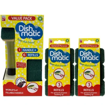 Image of Dishmatic Fillable Washing Up Brush and Sponge Value Pack, Includes 6X Replaceable Head Refills with General Purpose