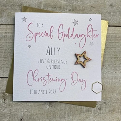 Image of WHITE COTTON CARDS PERSONALISED CHRISTENING BAPTISM CARD. GODDAUGHTER. ANY RELATION. PINK WOODEN STAR DESIGN. Handmade (P22 72 GODD &amp; XP22 GODD)