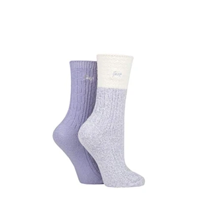 Image of Jeep Ladies Super Soft Cable Knit Boot Socks Pack of 2 Lilac/Cream 4 8