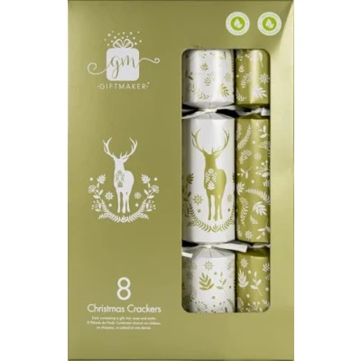 Image of Giftmaker Pack 8 White &amp; Gold Stag Design Novelty Family Christmas Crackers 29cm