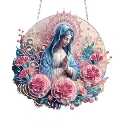 Image of Fiorky Acrylic Holy Mother Diamond Painting Hanging Pendant Flower Mary 5D DIY Dots Rhinestone Art Pendants for Halloween Wall Door Window Decor