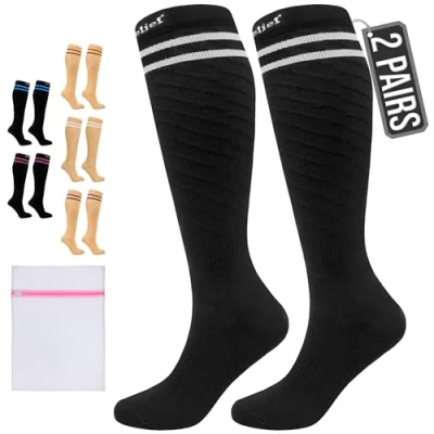 Image of 360 RELIEF 2 Pairs Compression Socks for Women Men, 15 20 mmHg Supports Blood Circulation, Travel Flight Socks, Varicose Veins, Pregnancy Stockings XXL, Black with White lines + Laundry Bag