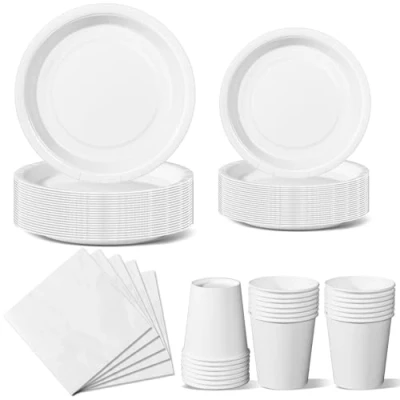 Image of Nkaiso White Party Tableware, 96 Pieces Colorful Supplies Set Solid Color Paper Plates Cups and Napkins for Birthday