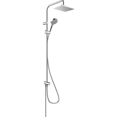 Image of hansgrohe Vernis Shape shower system with diverter, rainfall head (230 x 170 mm), hand (2 sprays), hose, rail and square (1 spray), chrome