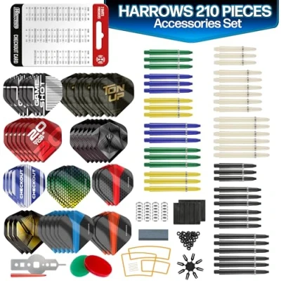 Image of Harrows 210pc Darts Accessories Set Amazing Bundle Includes Dart Stems, Flights, Rings, Sharpener, Tool, Flight Protector, Finger Wax, Practice Rings &amp; FREE Checkout Card