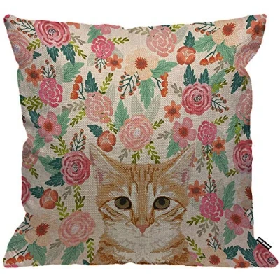 Image of HGOD DESIGNS Cushion Cover Orange Portrait Tabby Cat Spring Florals Cute Lady Person,Throw Pillow Case Home Decorative for Men/Women Living Room Bedroom Sofa Chair 18X18 Inch Pillowcase 45X45cm