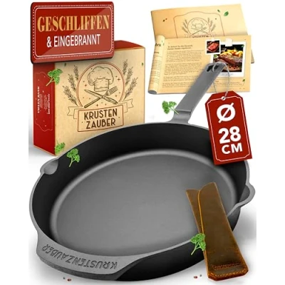 Image of KRUSTENZAUBER Cast Iron Pan Induction 28 cm with Instructions and Recipe Book Polished Pan,