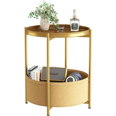 Image of Huhote Side Table, Round End Table with Fabric Basket, Small Bedside Nightstand Sofa for Living Room, Bedroom, Bathroom, Balcony, Modern Style (Gold)