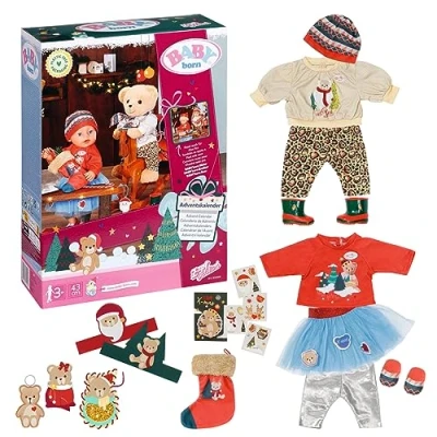 Image of Baby born Advent Calendar 834466 24 Christmas Themed Clothing Items and Accessories for Dolls up to 43cm Includes Jumper, Hat, Boots, Stickers &amp; More Suitable Kids from 3+