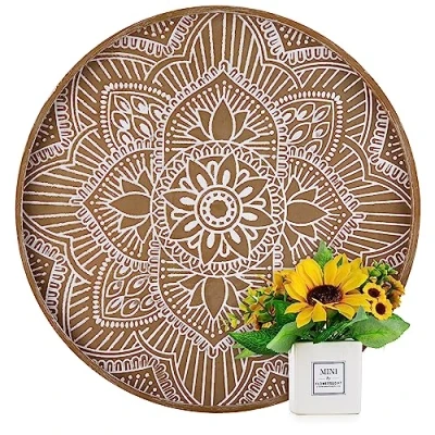 Image of Hanobe Large Wood Decorative Tray: Boho Rustic Ottoman Tray Farmhouse Coffee Table Centerpiece Decor Wooden Serving Round Floral for Kitchen Counter Brown 45cm