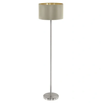 Image of Eglo Maserlo Floor Lamp, Nickel Matt Steel, Golden and Taupe Coloured Fabric Standing Light, Living Room Lighting, Incl. Foot Switch, E27 Socket