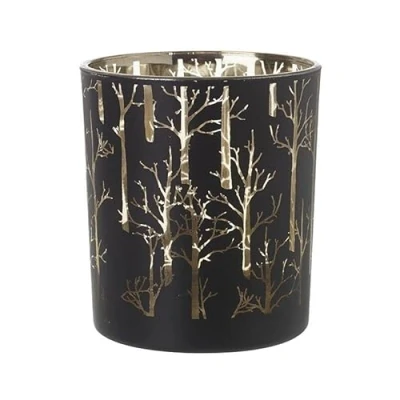 Image of Black Glass Tree Woodland Tea Light Holder 10cm Tall Christmas Festive Gift Table Decoration