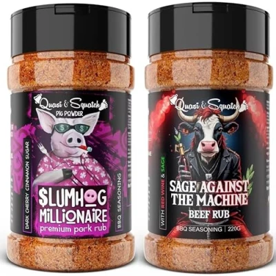 Image of BBQ Rub TWIN PACK by Quasi &amp; Squatch SlumHog Millionaire (Pork Rub) Sage Against The Machine (Beef X2 Seasoning Two Large Bottles for Barbecue = 440g