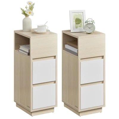 Image of VASAGLE Slim Bedside Tables, Set of 2, Small Narrow Side End Tables with 2 Drawers, 1 Open Compartment Mounted to Face Left or Right, for Bedroom, Living Room, Natural Beige and Cloud White, LET856N01