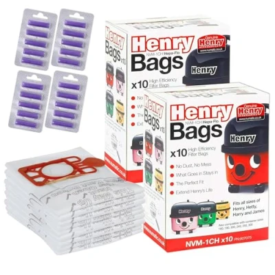 Image of Genuine Hepa Flo Henry Hoover Bags for Vacuum Cleaner Pack of 20 With Freshener Sticks Hetty Numatic Henry, Hetty, Harry, James Models