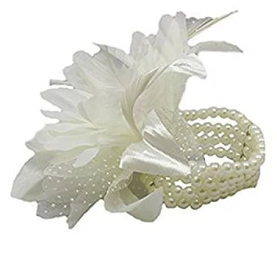 Image of Cream Feather and Flower Corsage On A 4 Row Pearl Bead Wristband Wedding Prom