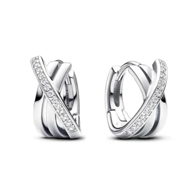 Image of Pandora Signature Crossover Pavé sterling silver Hoop Earrings with clear cubic zirconia