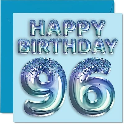 Image of 96th Birthday Card for Men Blue Glitter Party Balloon Happy Cards 96 Year Old Man Great Grandpa Grandad Dad Gran, 145mm x Ninety Six Sixth Bday Greeting Gift