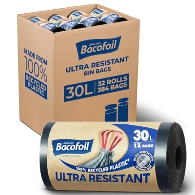 Image of Bacofoil Ultra Resistant Bin Liners with Drawstring Handles 30L Leak Proof and Tear Bag Protection Technology (32 Rolls, 384 Bags)