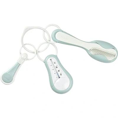 Image of BÉABA Bathroom Accessories for Babies and Children 1 x Bath Thermometer + Nail Clippers Comb/Brush Green Blue
