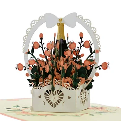 Image of Romantic Rose Wine Basket Pop Up 3D card. Flower Spring Collection. A Delightful surprise greeting card gift for Daughter, Mum, Friend, Granddaughter, Wife, Sister, Grandma. 15cmx15cm.