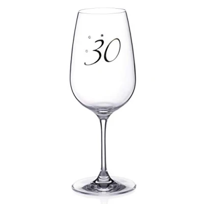 Image of DIAMANTE Swarovski &quot;30th Birthday&quot; Wine Glass Single Crystal with Platinum 30 Embossed and Crystals Gift Boxed
