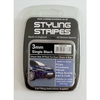 Image of Pin Stripe 3mm x 10mtr Self Adhesive Car Black White Red Gold Silver Coach Tape Styling (Black)