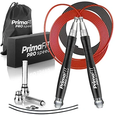 Image of PrimaFit Jump Rope, Adjustable Weighted Speed Rope for Fitness, MMA, Boxing, Crossfit 3m Aluminium, Self Locking, PVC Coated, Carry Bag, Spare Cable, Weights