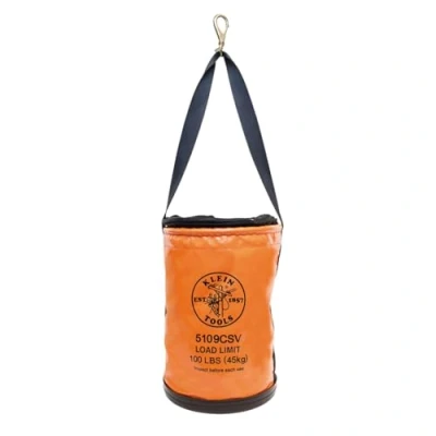 Image of KLEIN TOOLS 5109CSV Tool Bucket, Top Closing Vinyl Lineman Bucket with Swivel Snap and Web Handle, Orange, 30 cm, 45 kg Load Rated Holder