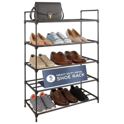 Image of CUQOO Premium 5 Tier Heavy Duty Metal Shoe Rack in Black Sturdy Footwear Storage Quick Assembly No Tools Required Anti Rust Coating Organiser for Hallway Bedroom Bathroom