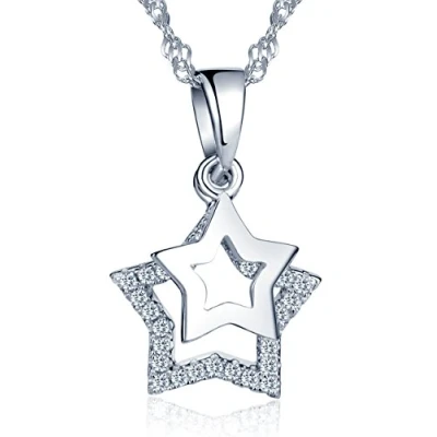 Image of Infinite U 925 Sterling Silver Cubic Zirconia Unique Double Stars Pendant Girls/Women Necklace, with White Gift Box/Blue Bag (Silver(with box))