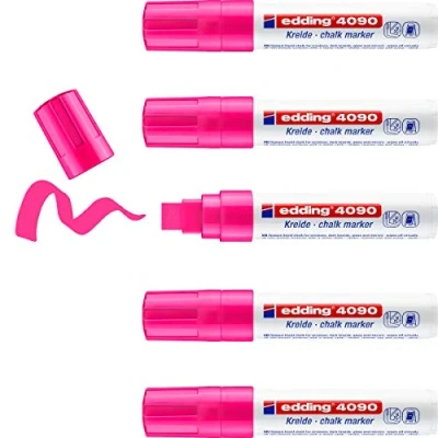 Image of edding 4090 chalk marker neon pink 5 pens chisel tip 4 15 mm broad tipped wet wipe pen for chalkboards, windows, glass, mirrors liquid opaque coverage