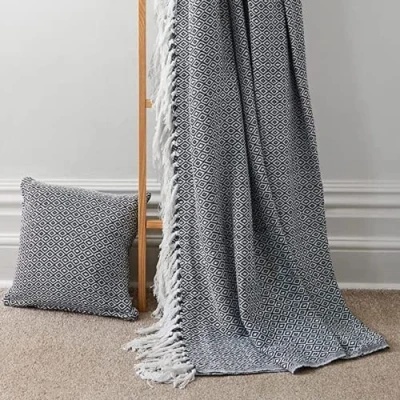 Image of Olivia Rocco Regal Throw 100% Cotton Diamond Geo Sofa Bed Chair Cover Throws Tasselled Decorative Blanket, 178 x 254 cm (70&quot; 100&quot;) Navy