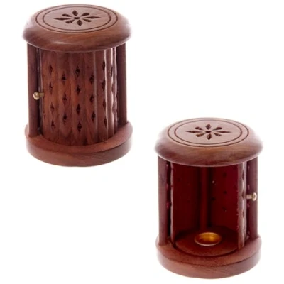 Image of Puckator Sheesham Wood Carved Barrel Incense Cone Burner with Door Spiritual Zen Gothic Incensé Insence Sticks Cones Holder Home Aesthetic Yoga Room Decor Accessories Gift