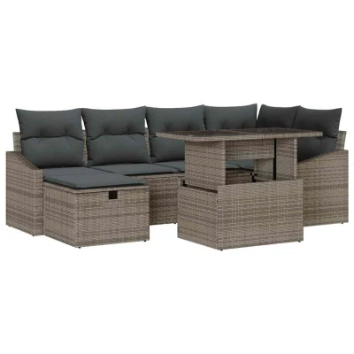 Image of vidaXL 7 Piece Garden Sofa Set with Cushions Grey Poly Rattan