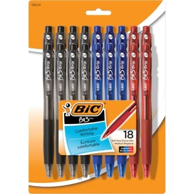 Image of BIC BU3 Grip Ball Pen, Medium Point (1.0 mm), Assorted, 18 Count by