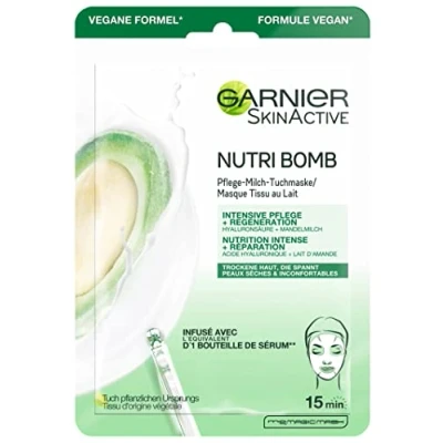 Image of Garnier Cloth Mask, Face Mask for Dry and Exciting Skin, Intensive Care Regeneration, Vegan Formula with Almond Milk Hyaluronic Acid, Nutri Bomb, 28 g