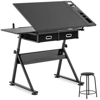 Image of Fromm &amp; Starck Drafting Desk Drawing + Stool Art Tiltable Height Adjustable 115x60cm STAR_DESK_08 (Powder Coated Steel Tube Frame, MDF Fibreboard Desktop, Range 65 90.5cm)