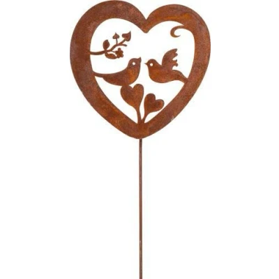 Image of Outdoor Rustic Rusty Metal Spike Love Birds Heart Garden Plaque Silhouette Ornament