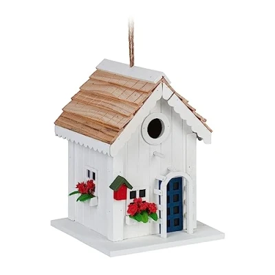 Image of Relaxdays Decorative Bird Villa, Country House Style, Wood, Hanging or Standing, HWD: 23.5x18x18cm, Weatherproof, White, 23.5 x 18 cm