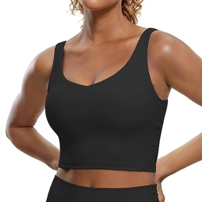 Image of CRZ YOGA Butterluxe Womens V Neck Padded Sports Bra Longline Workout Crop Tank Top with Built in Black M