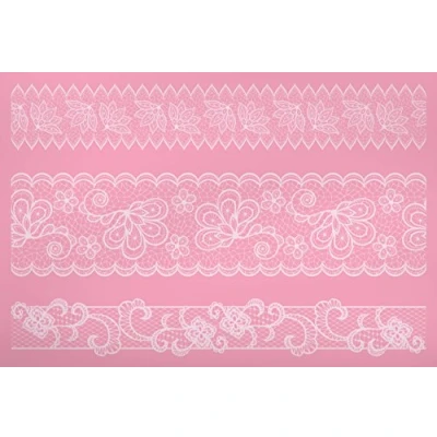 Image of KitchenCraft Sweetly Does It Cake Lace Icing Mat with 3 Ornate Leaves Fondant Moulds, Silicone, Pink, 39 x 29 cm