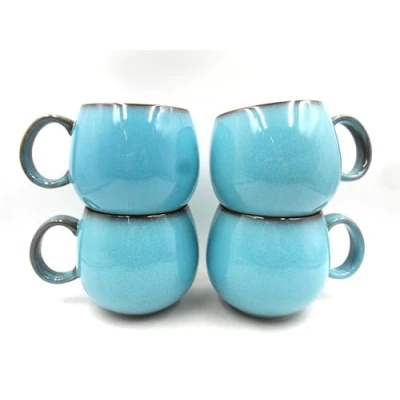 Image of Set of 4 Teal with Coffee Rim Reactive Glaze Stoneware Studio Sphere Mugs