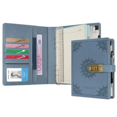 Image of WASON Diary with Lock A5 Binder Ruled Spiral Notebook Journal Planner Portfolio and Refillable Writing Lined Paper Notepad, Pen, Clipboard Organizer For Ideal Business, School &amp; Travel (Mist blue)