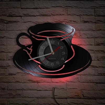 Image of Smotly Vinyl wall clock, LED night light function coffee cup themed is a clock gift for lover friends. (seven colors)